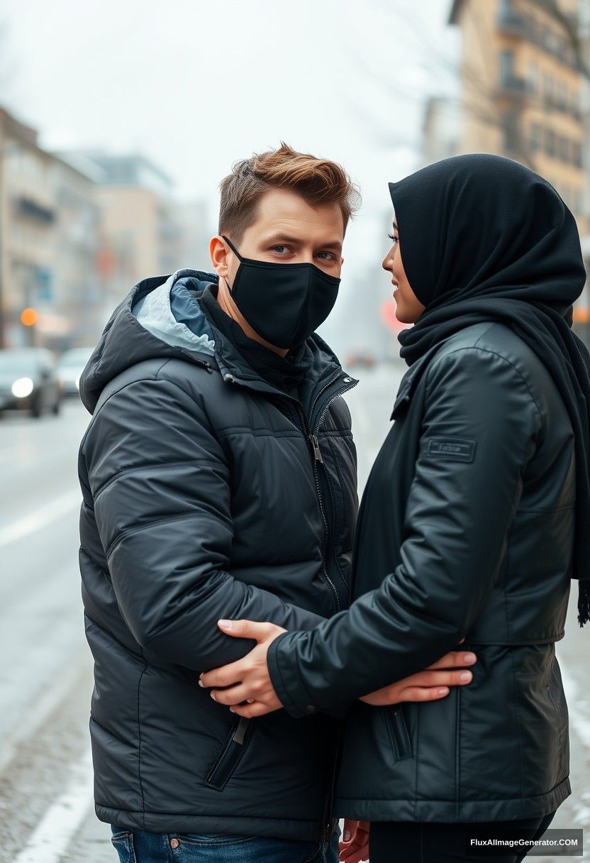 Jamie Dornan, handsome young man, wearing a black face mask, snow jacket, and jeans, dating a beautiful Muslim girl in a black hijab with lovely eyes, also wearing a black face mask and a black leather jacket. They are together in a winter scenery near the road in town, playfully pinching each other's cheeks, photorealistic street photography.