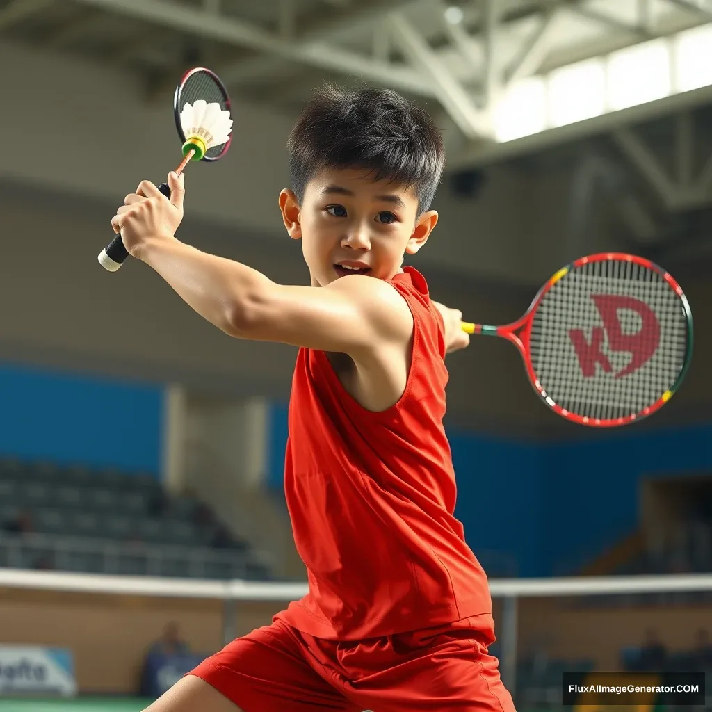 A detailed, realistic portrait of a young boy playing badminton in an indoor sports arena. The boy is wearing a bright red jersey and is mid-swing, his body in a dynamic, athletic pose as he focuses intently on the shuttlecock. The background is blurred, with glimpses of the court, net, and spectator stands visible. The lighting is natural and directional, creating shadows and highlights that accentuate the boy's features and muscular definition. The overall composition conveys a sense of energy, movement, and the intensity of the game. The image is highly detailed, with a photorealistic quality that captures the textures of the boy's clothing, skin, and the badminton equipment.