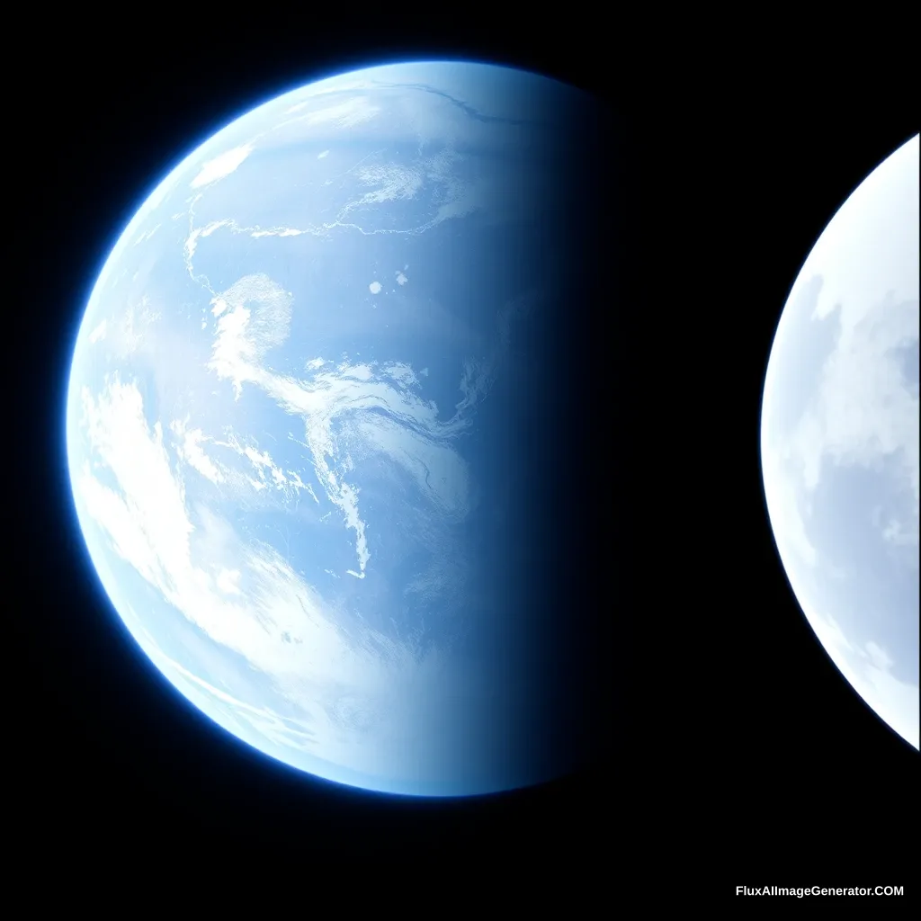 The Earth seen from outer space, pale blue, with a moon hovering around.