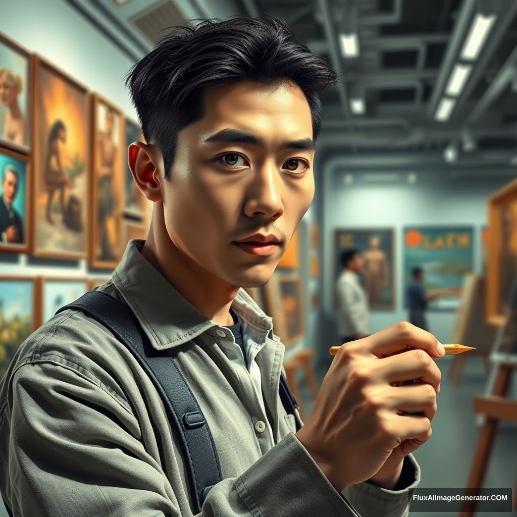 Sharp, anatomically accurate, detailed image of a male artist who looks exactly like Vietnamese actor Huỳnh Đông, with distinctive eyes, nose, and mouth features, sketching in a futuristic art gallery filled with paintings. - Image