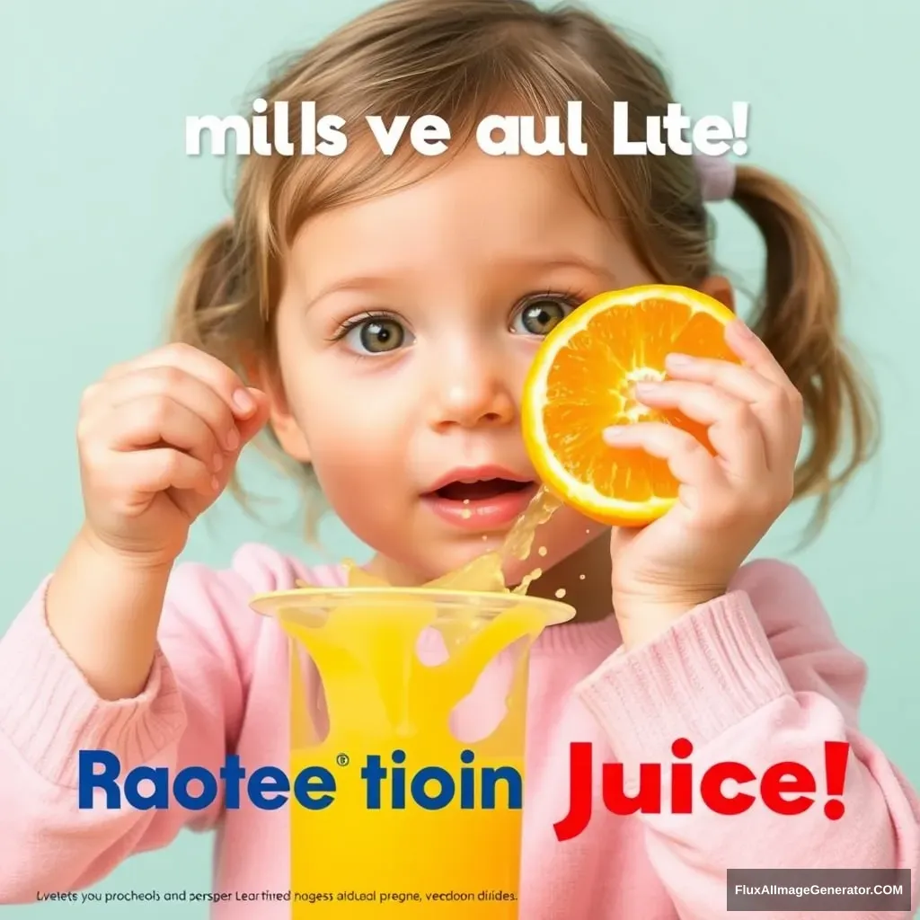 Small girl squeezing an orange and taking a splash of juice advertisement. - Image