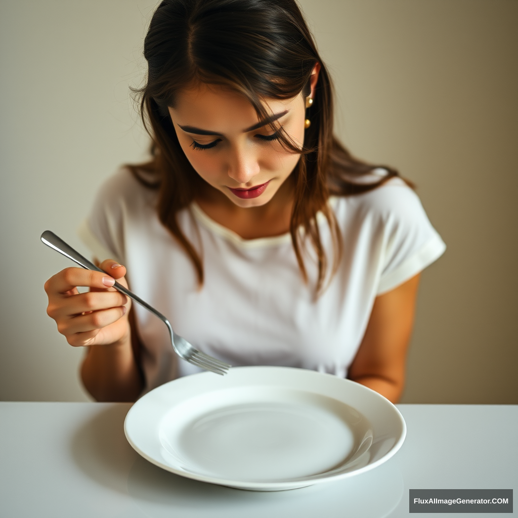 Young woman in front of an empty plate. The woman is looking down at the plate. The woman is holding a fork. The plate is on a table. - Image