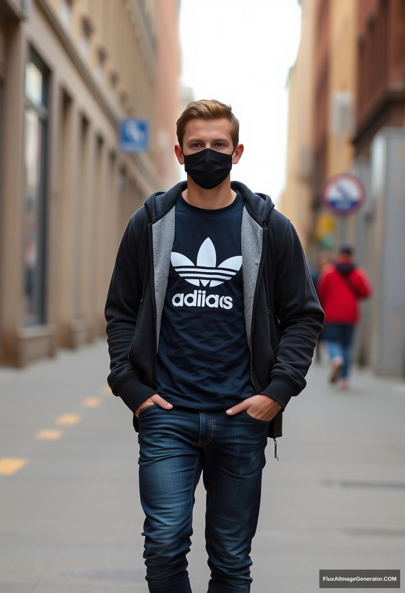 Jamie Dornan, youngest, black face mask, dark blue adidas t-shirt, sweater jacket, jeans, black sneakers, fit body, photorealistic, street photography. - Image