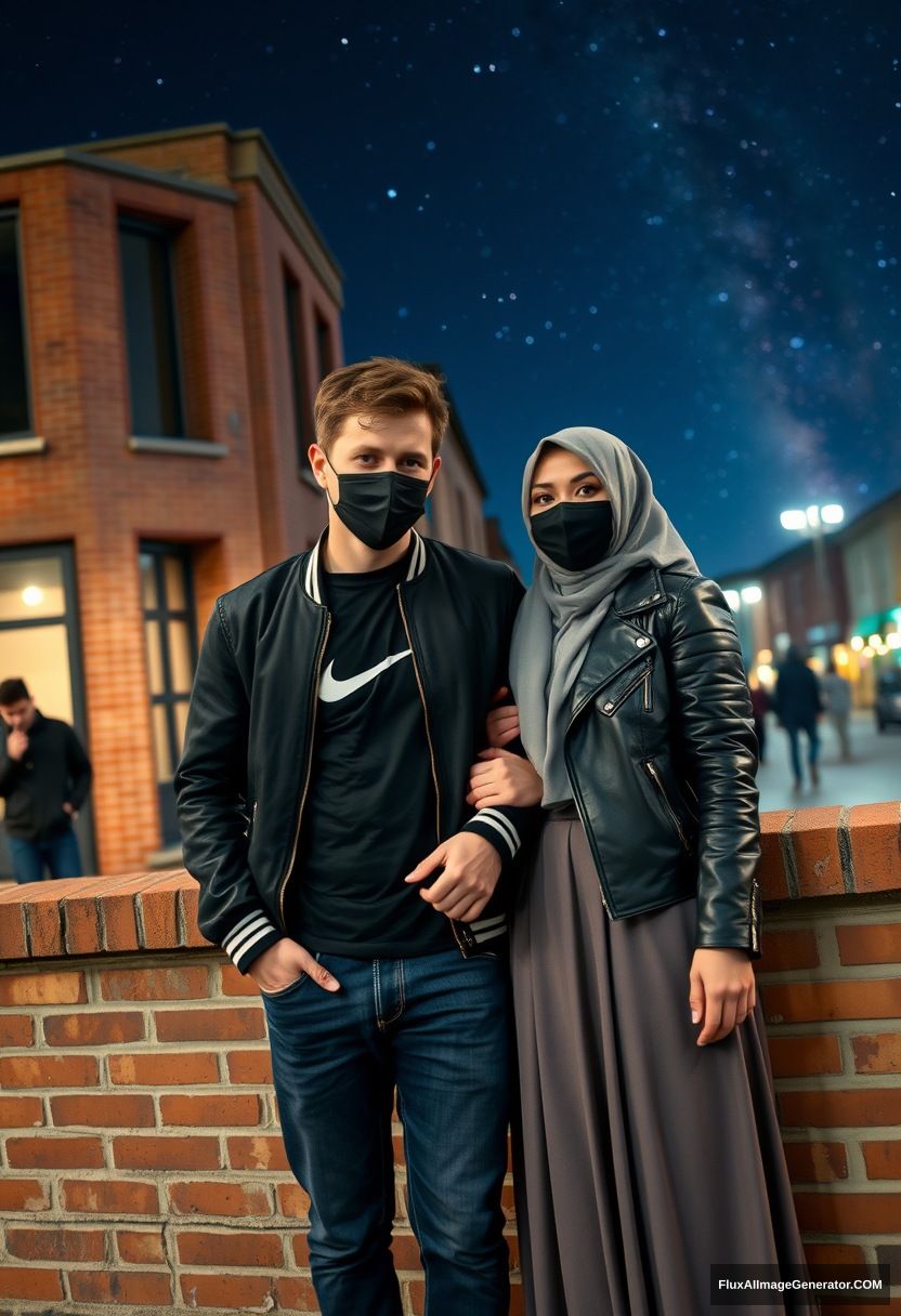 Jamie Dornan, youngest, black face mask, collage jacket, Nike t-shirt, jeans, tall man, fit body,

Dating, love with the biggest grey hijab Muslim girl, beautiful eyes, black face mask, leather jacket, biggest longest skirt, slim, short girl, love holding his arm,

Standing at a brick wall, spoiler, in town, night scenery, Milky Way, hyper-realistic, photorealistic, selfie. - Image