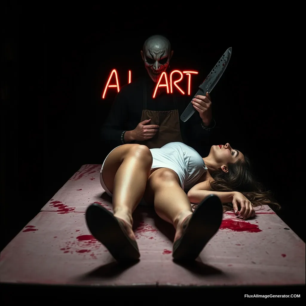 A woman lay on the butcher's table, shoes on, at night. There is a neon sign that says, "AI ART." A horrible butcher with a mask stands behind in the dark, holding a bloody butcher's knife.