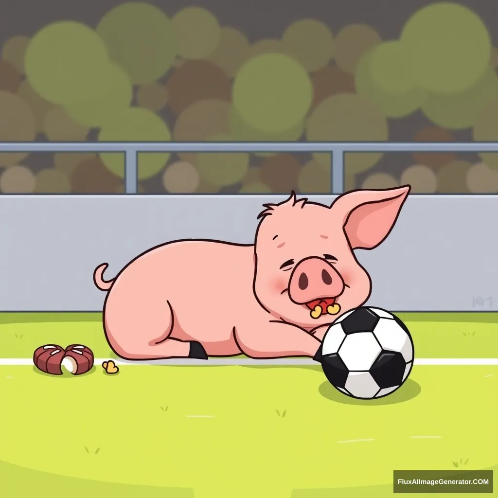 A pig who loves to play soccer, resting on the sidelines and eating treats, cartoon style.