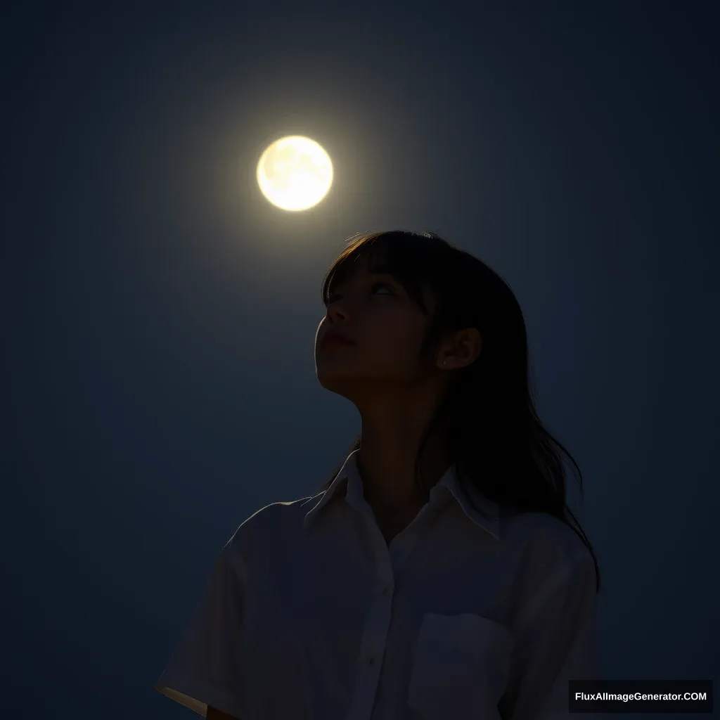 A girl with a white shirt under the moon.