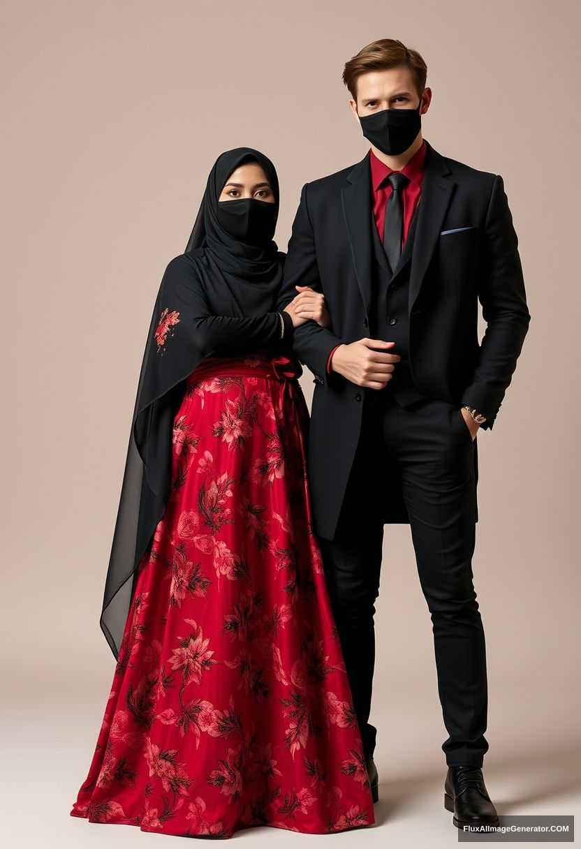 A biggest black hijab girl, beautiful eyes, face mask black, biggest red floral longest gown dress, not tall, standing, love hold his arm

Jamie Dornan, youngest, black suit coat, red shirt, black tie, black leather sneaker, tall man, face mask black, fit tough body, standing near her, love couple

hyper realistic, studio photography, photorealistic - Image