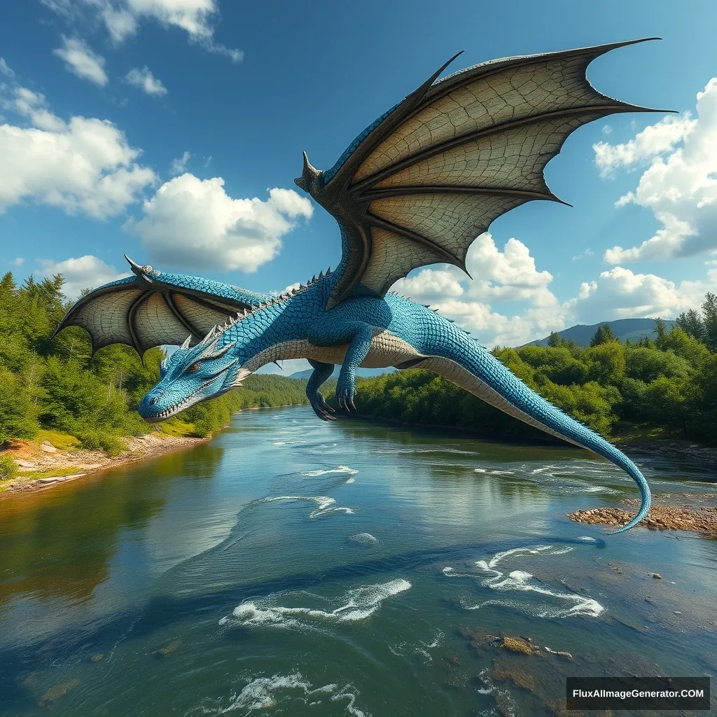 /imagine prompt: A hyper-realistic photograph of a western dragon flying high in the sky, its scales gleaming in blue and silver with intricate, lifelike reptilian texture like an alligator's skin, slightly wet and glossy. Powerful wings flapping, dynamic pose, aerial view from the river below. The river flows calmly with crystal-clear water, perfectly reflecting the dragon above, surrounded by lush, ver