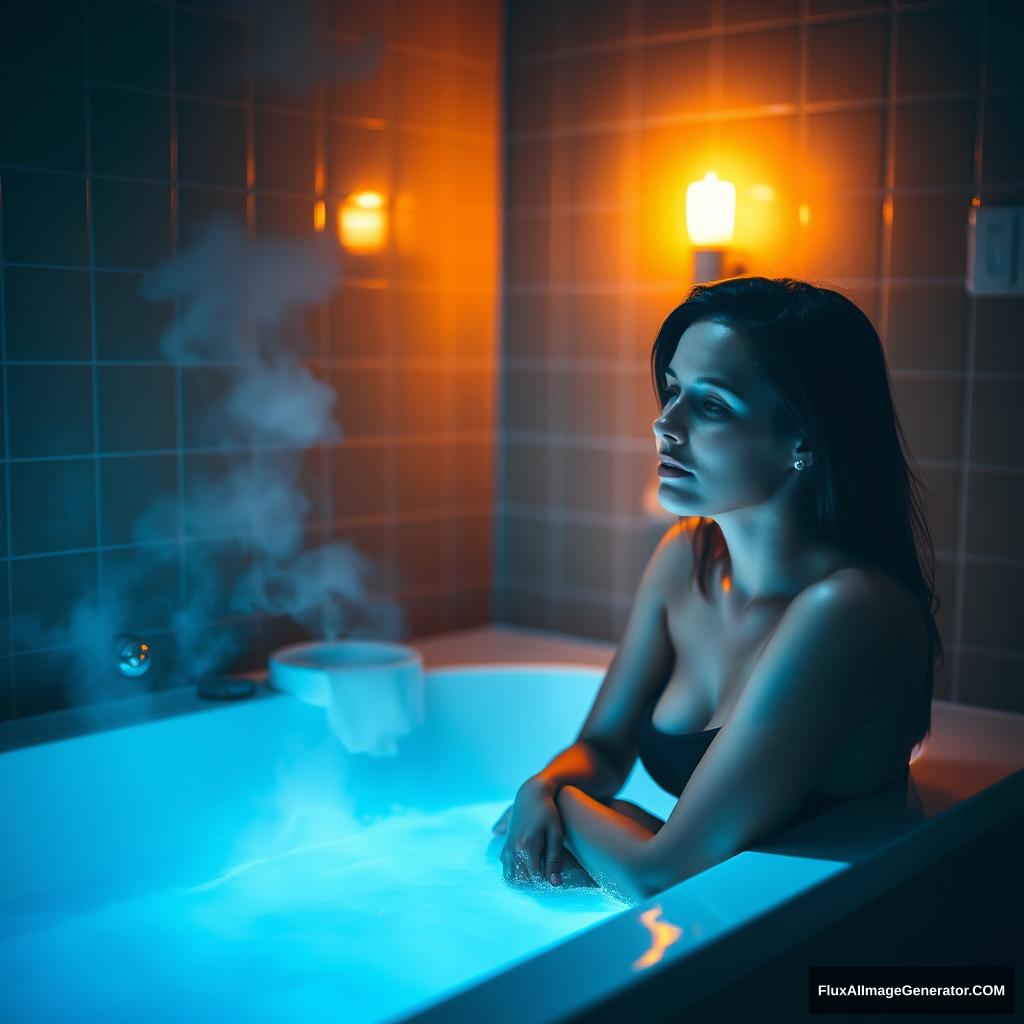 The light in the bathroom is dim, emitting a warm glow that creates a soft atmosphere around the woman's calm face. She sits comfortably by the edge of the bathtub, lost in thought. Steam rises from the hot water in the tub, and the tiles shine due to the moisture.