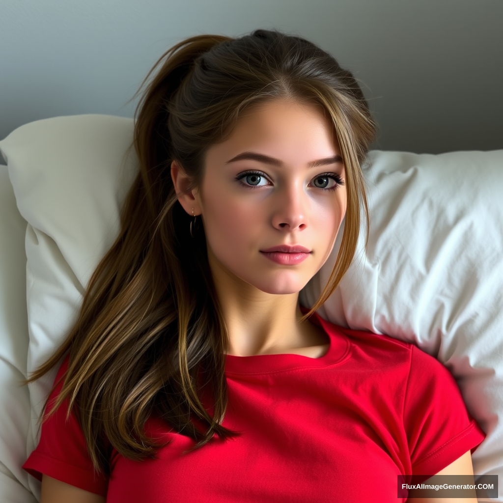 A very pretty skinny 28-year-old Ally Hinson, with brown hair tied back in a ponytail, wearing a red t-shirt, lying in bed. - Image