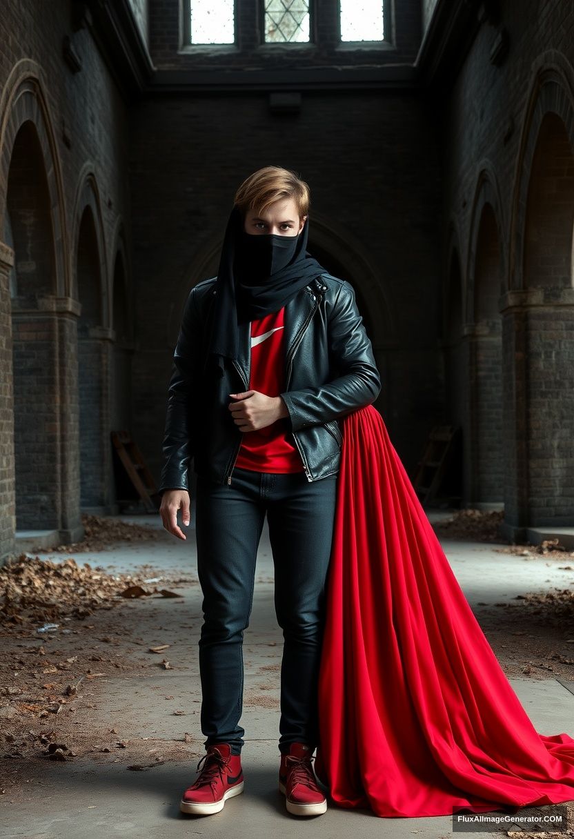 A biggest black hijab girl, beautiful eyes, face mask black, black leather jacket, biggest red longest dress, not tall, standing near him and love, holding his arm,

Jamie Dornan, handsome, youngest, face mask black, fit and tough body, Nike red t-shirt, black leather jacket, jeans, red sneakers, tall man, standing near her

Hyper realistic, photorealistic, studio photography, Victoria's abandoned castle, gloomy.