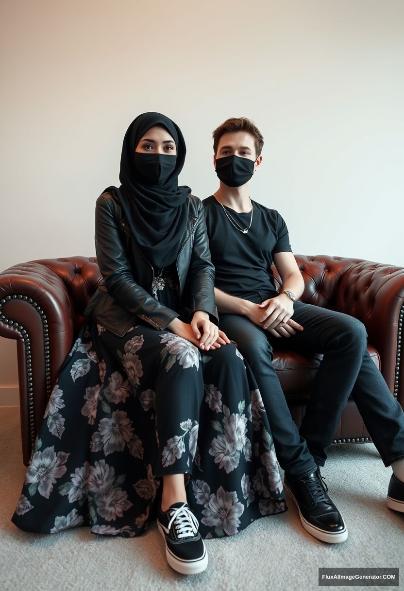 A biggest black hijab girl, slim girl, beautiful eyes, face mask black, black leather jacket, biggest floral long dress, black leather sneaker, sitting on leather single wing sofa, Jamie Dornan, youngest, silver necklace for men, black T-shirt, jeans, black leather sneaker, tall man, face mask black, fit body, sitting near her, hyper realistic, studio photography.