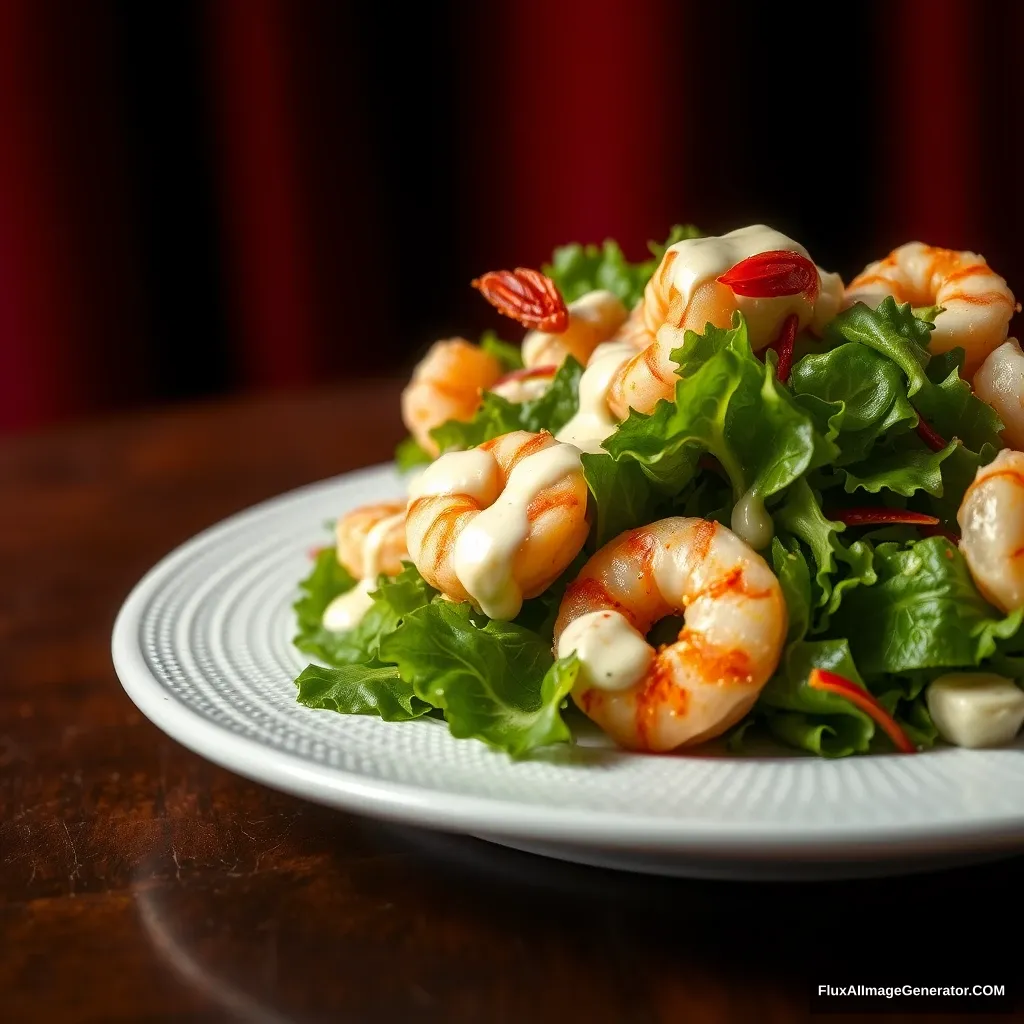 A close-up view of a beautifully plated shrimp salad with Parmesan cheese sauce on a white textured plate, resting on a wooden table. The salad features succulent shrimp, fresh greens, and a creamy Parmesan cheese dressing. The background is dark with a hint of red drapes, creating a contrast that highlights the vibrant colors of the dish. The overall scene is sharp, detailed, and appetizing. - Image