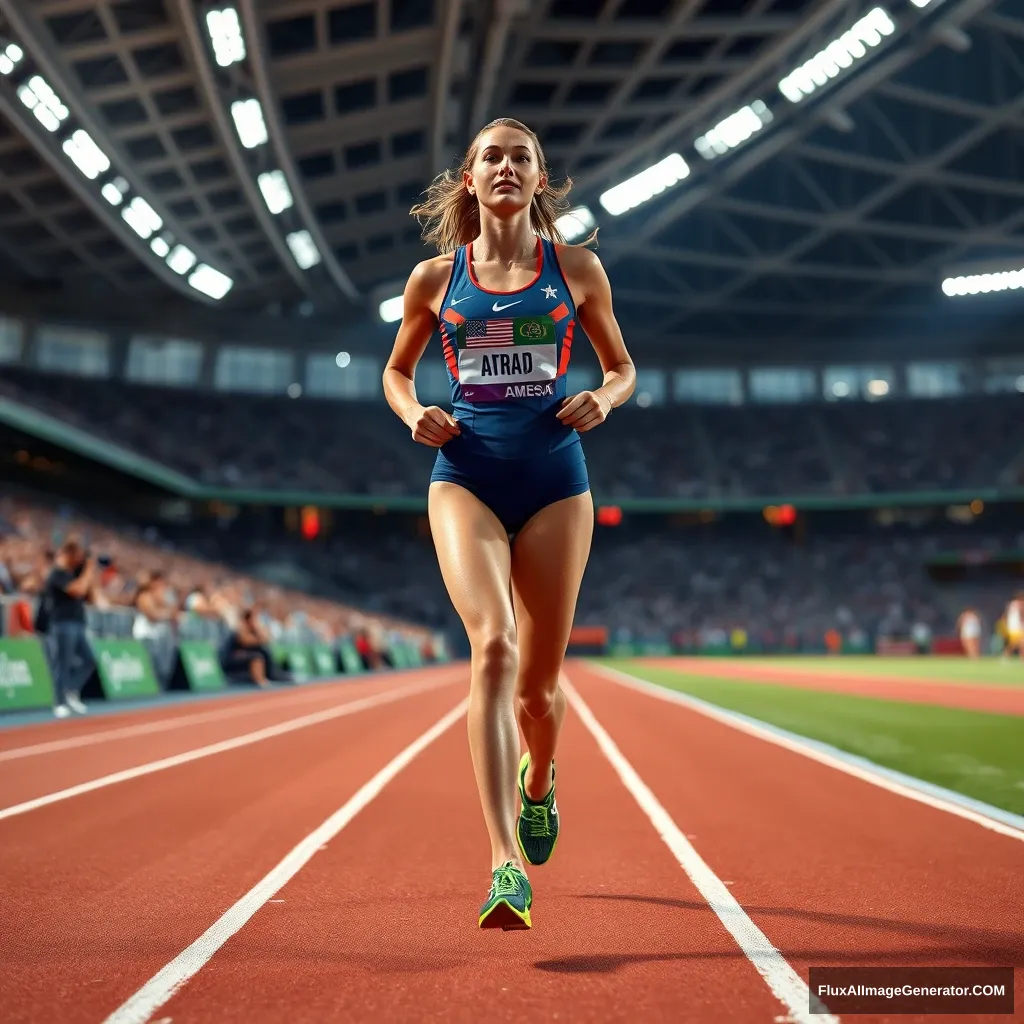 A high-fashion sportswear fashion show on an Olympic running track, featuring an American female runner. Her outfit is designed for peak performance and style, with sleek, aerodynamic cuts and vibrant colors that stand out against the track. The setting is a lively stadium filled with spectators, with lights and cameras capturing every moment. The model's stride is confident and strong, reflecting the perfect synergy of sports and high fashion. Photo taken by Mario Testino with a Leica Q2. Award Winning Photography style, Studio lighting, Soft focus, 8K, Ultra-HD, Super-Resolution.