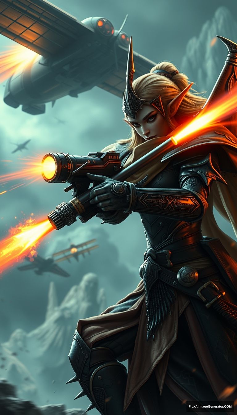 An elegant and gorgeous elf warrior is shooting at a zeppelin with a ship-destroying laser gun, in the style of Warhammer 4000, 8K, Unreal Engine. - Image