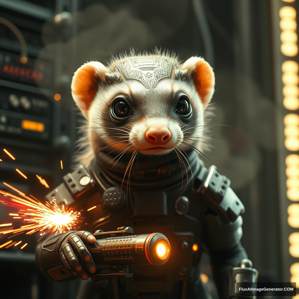 Steam punk inspired mechanical humanoid ferret, cinematic, 4k, epic Steven Spielberg movie still, sharp focus, emitting diodes, smoke, artillery, sparks, racks, system unit, motherboard, by Pascal Blanche Rutkowski, Repin Artstation hyperrealism painting concept art of detailed character design matte painting, 4k resolution Blade Runner.