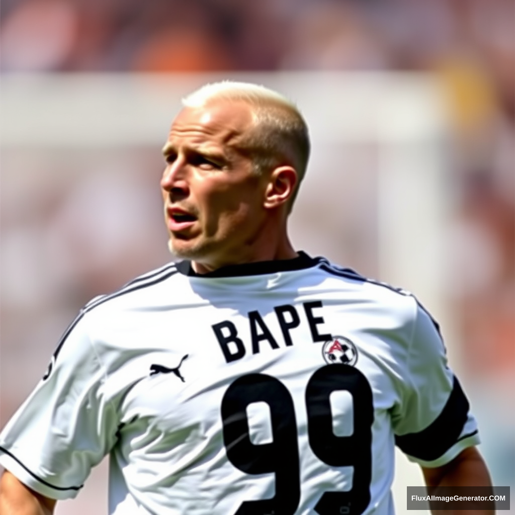 Bald white man in his 50s playing soccer, wearing a soccer shirt with the number 99 and above that the name "Bappe". - Image