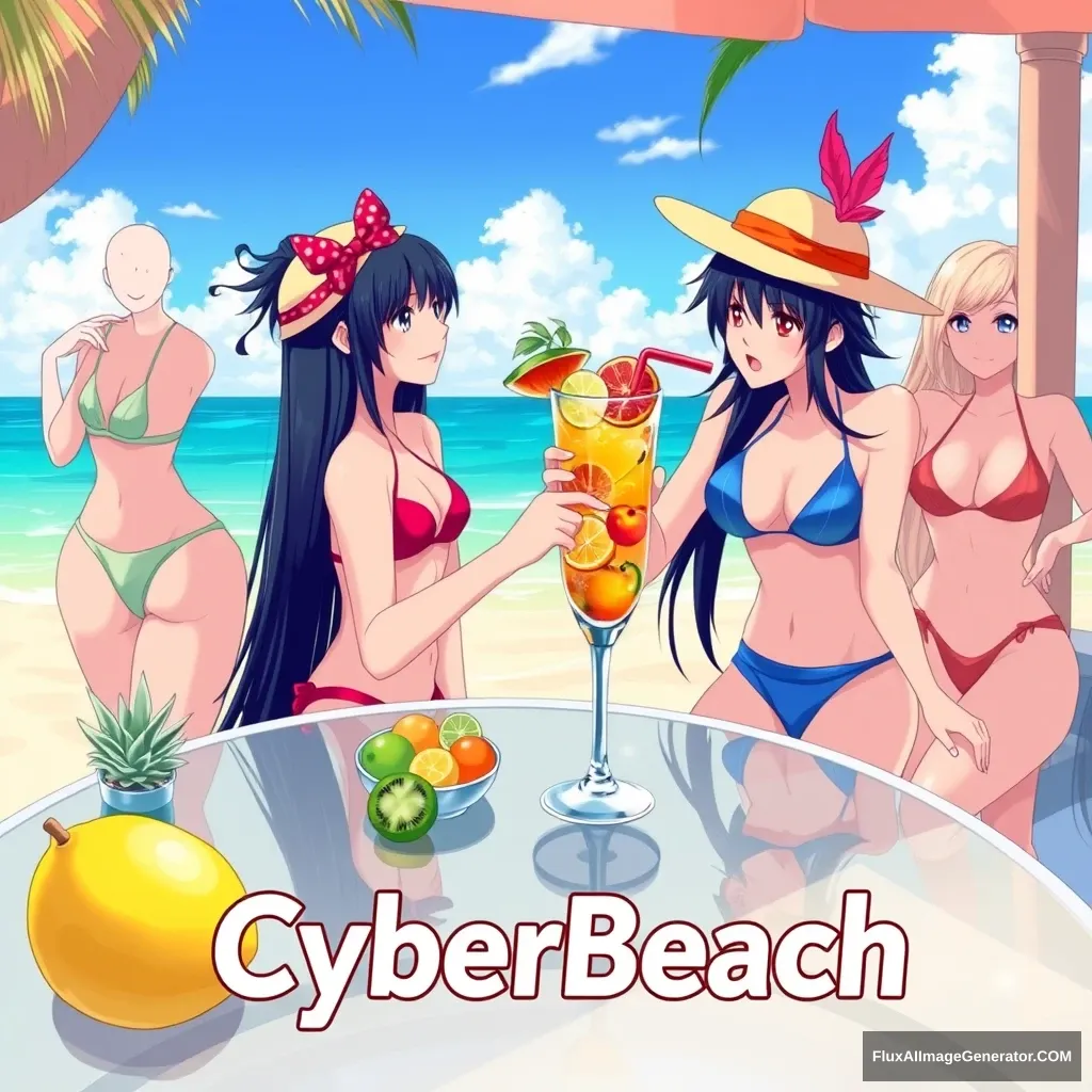 "Imagine the anime character 'Kurosaki Ichigo' on vacation at the beach in Miami, sipping a drink with many fruits on the table. Accompanied by beautiful anime girls in swimsuits. In the meme, write 'Greetings from Kuro of CyberBeach.' The text 'CyberBeach' in Cuban style."