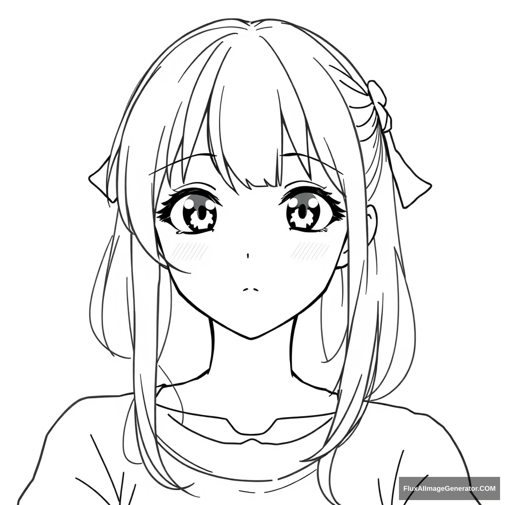 neat and simple line art character drawing. anime girl. very full-figured. very beautiful. simple eyes