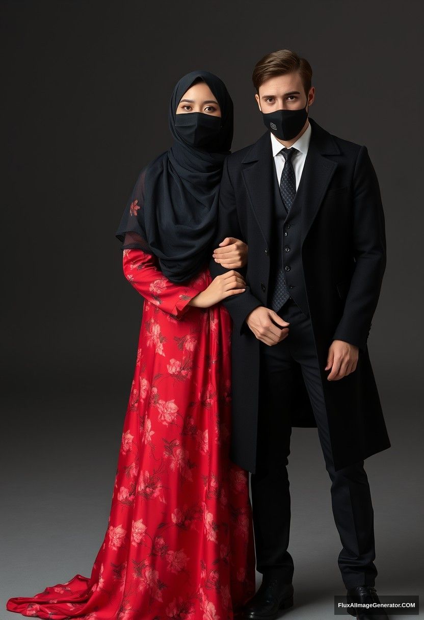 A biggest black hijab girl, beautiful eyes, face mask black, biggest red floral longest gown dress, not tall, standing near him, love holding his arm,

Jamie Dornan body and face shot, handsome, youngest, face mask black, black coat suit, white shirt, black patterned tie, tall man, love standing near her,

Hyper realistic, studio photography, photorealistic.