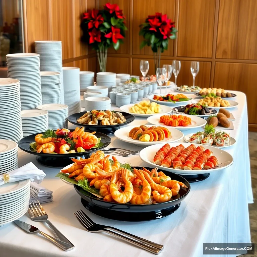 Photograph of a five-star buffet setup featuring a variety of elegant seafood dishes on a long table covered with a white tablecloth. The table includes luxurious plates of seafood salads, shrimp rolls, grilled fish, and assorted sushi, with high-end stainless steel utensils and crystal glassware neatly arranged. There are stacks of fine china plates and bowls on the left side, along with high-quality napkins. The background features a wooden panel wall with festive red poinsettia plants adding a touch of elegance. The overall atmosphere is sophisticated and organized, ready for guests to enjoy a premium dining experience. - Image