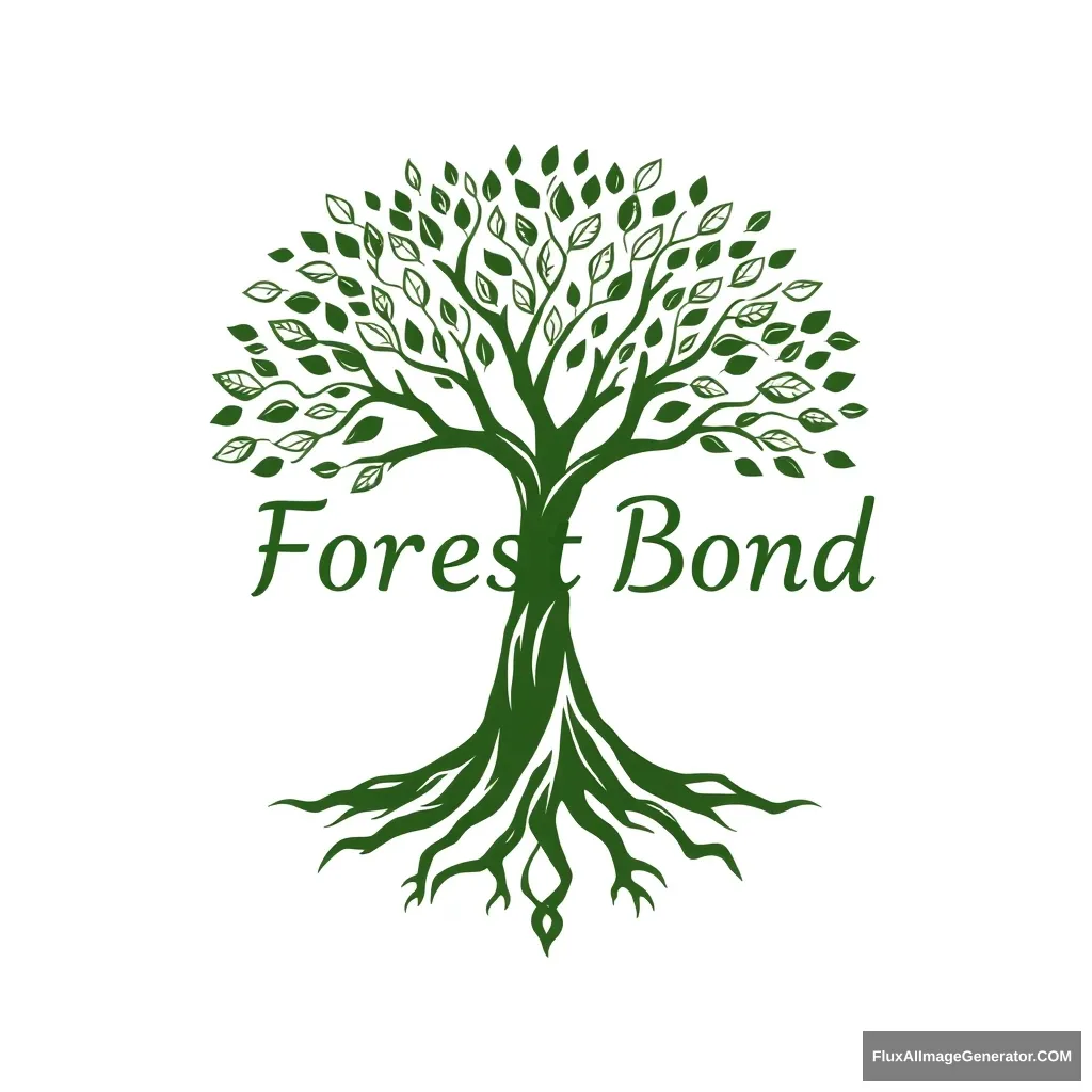 It's a logo for an app called forestbond. It's a tree in the shape of a woman spreading its branches with a lot of leaves. It gives the impression of deep and solid roots. Draw it in a reverent way and write the words Forest Bond in the drawing arc. The feeling should be serious. Don't overlap the drawing and the text. - Image