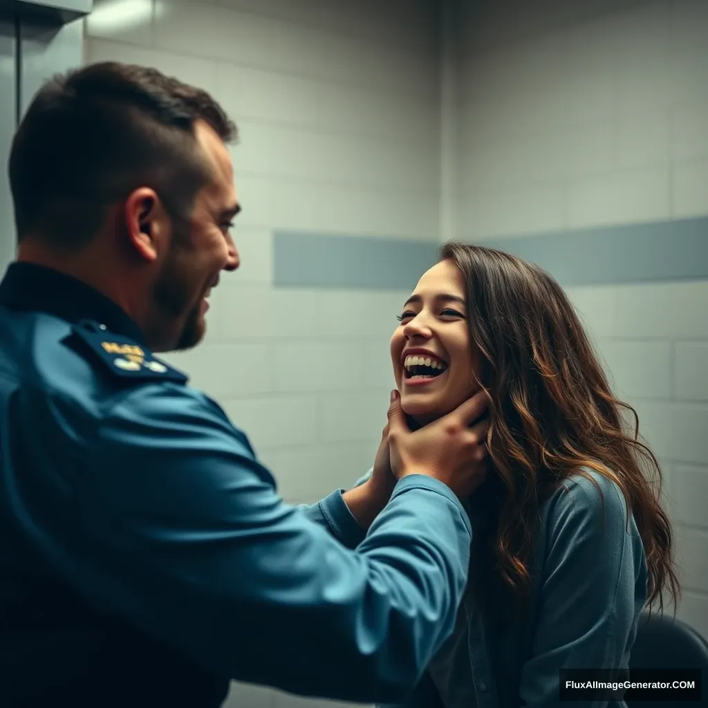 A young woman is laughing in the interrogation room while a policeman tickles her.