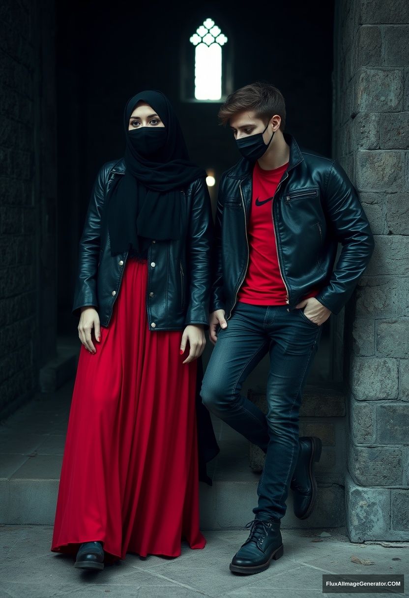 A biggest black hijab girl, beautiful eyes, face mask black, black leather jacket, biggest red longest dress, not tall, laying at him,

Jamie Dornan, handsome, face mask black, fit and tough body, Nike red t-shirt, black leather jacket, jeans, tall man, leaning against the wall

Hyper realistic, photorealistic, studio photography, Victoria's abandoned castle, gloomy. - Image