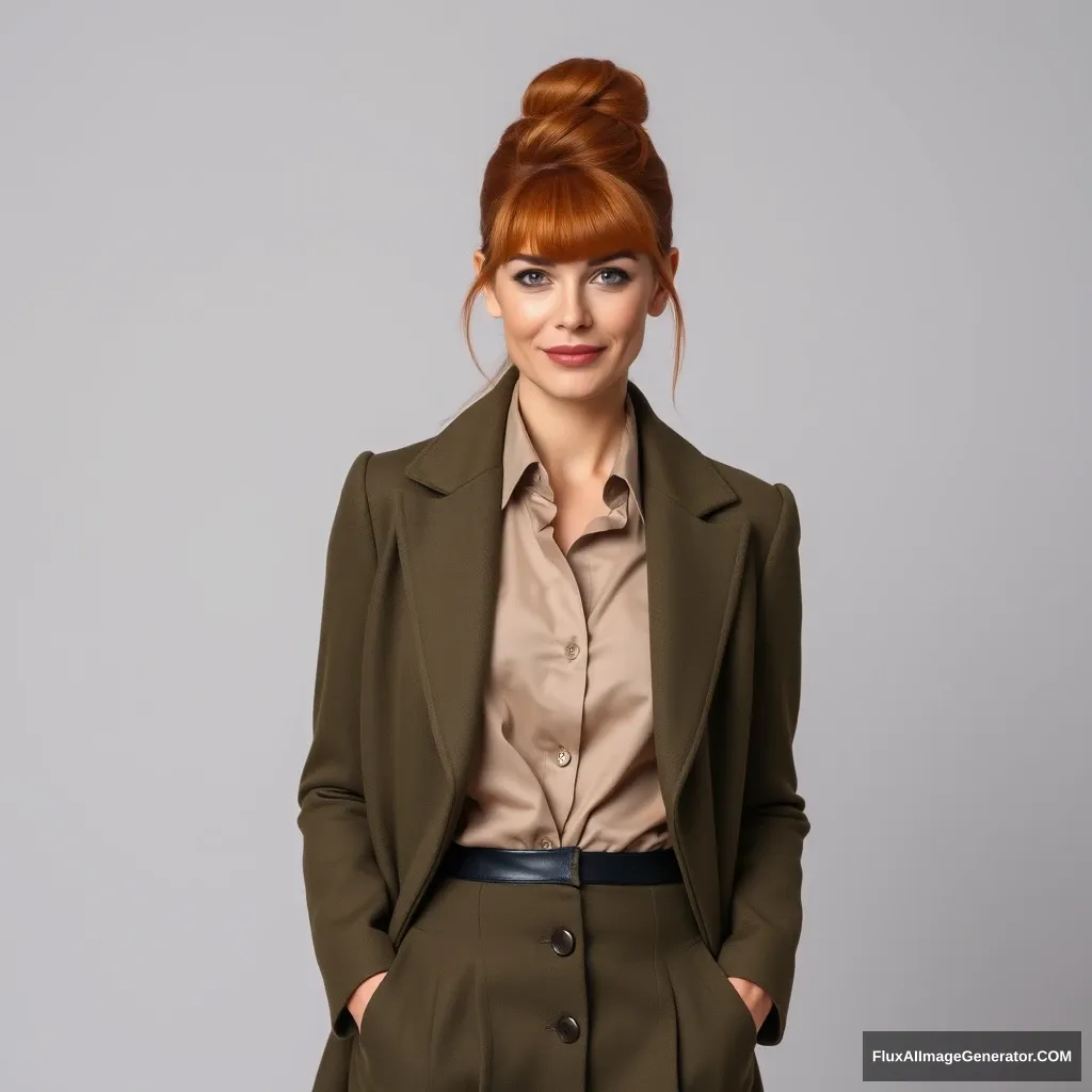 An elegant and beautiful 45-year-old woman with auburn hair in a tight bun with a front fringe. She has an average build. She has blue eyes. She is wearing a beige shirt and an olive green coat and skirt. Her skirt has a black belt. She is wearing beige-colored pantyhose. She is not wearing shoes. - Image