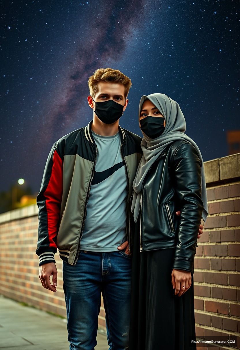 Jamie Dornan, youngest, black face mask, collage jacket, Nike t-shirt, jeans, tall man, fit body,

Dating, love with the biggest grey hijab Muslim girl, beautiful eyes, black face mask, leather jacket, biggest longest skirt, short girl,

standing at a brick wall, night scenery, Milky Way, hyper-realistic, photorealistic, street photography. - Image