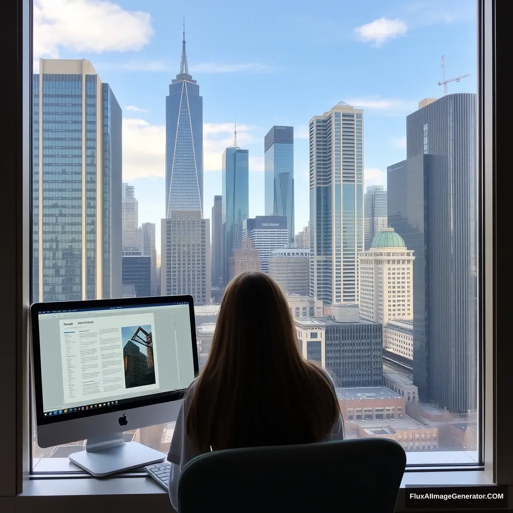 Outside the window are tall buildings and office towers; inside, a long-haired girl is sitting in front of a computer, which is displaying a product document.