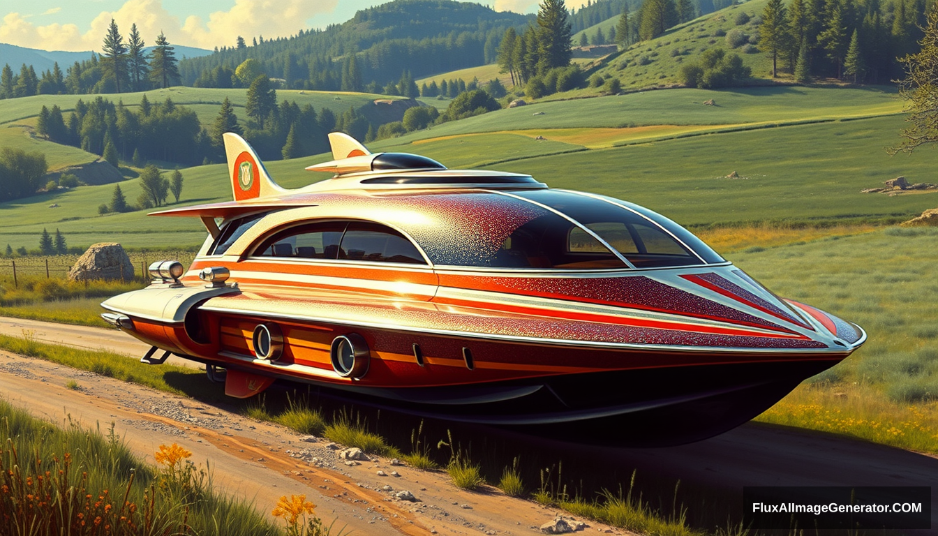 A futuristic cabin cruiser concept from the 1970s, as painted by Syd Mead, country setting, 4k, Metal-flake paint. - Image