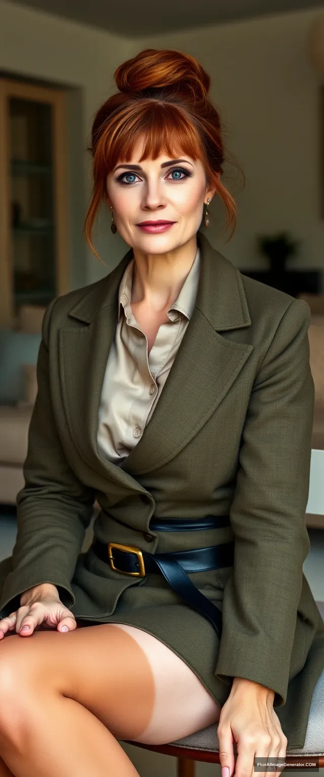 An elegant and beautiful 45-year-old woman with auburn hair in a tight bun with a frontal fringe. She has an average build. She has blue eyes. She is wearing a beige shirt and an olive green coat and a skirt. Her skirt has a black belt. She is wearing tan-colored thigh-highs. She is not wearing shoes. She is sitting in her house. The background is very detailed. The view's distance is very far away.