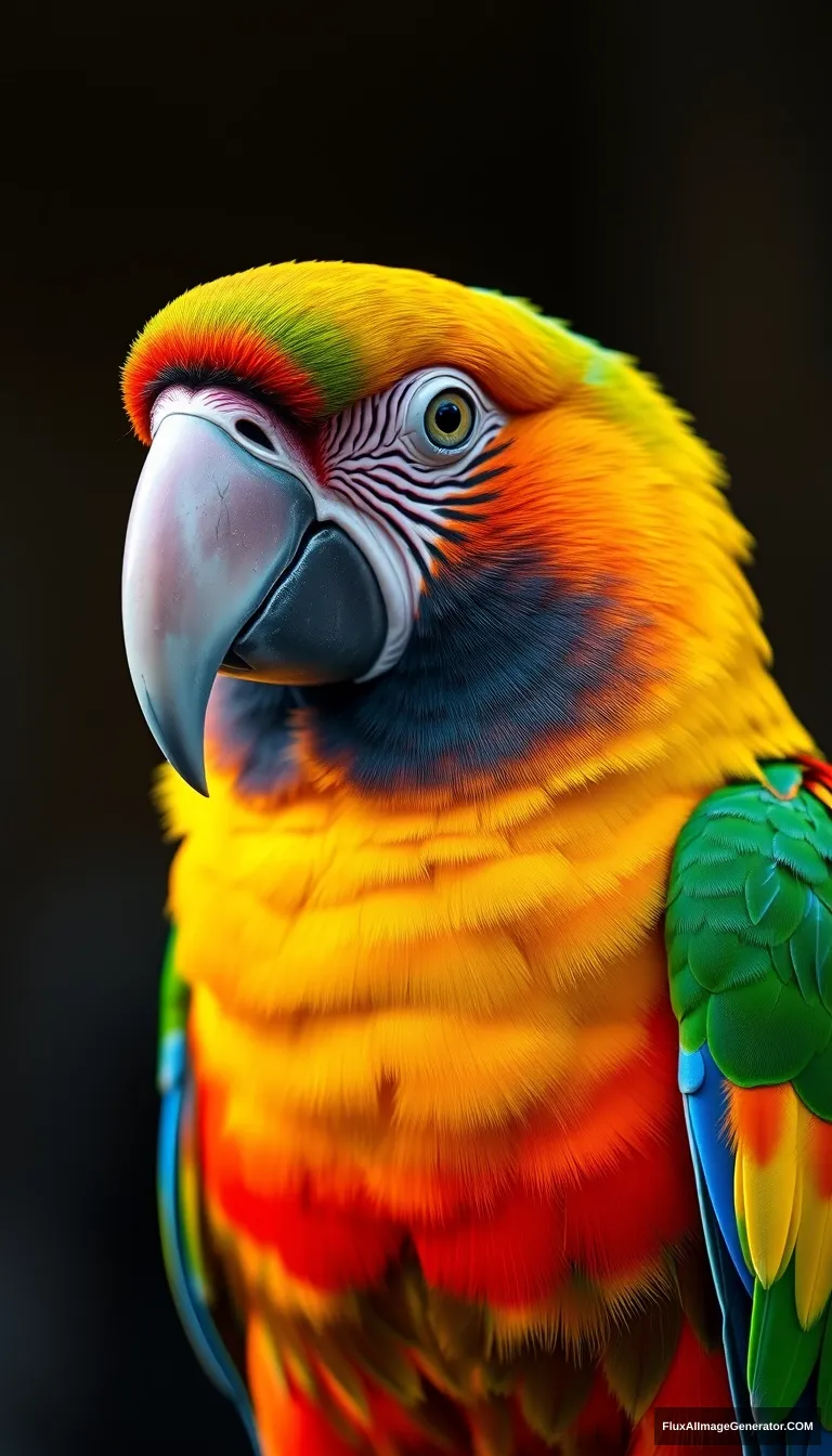 Neon rainbow colored macaw with platinum bird beak, hyper-realistic photo, 8K, unreal engine, full body shot. - Image