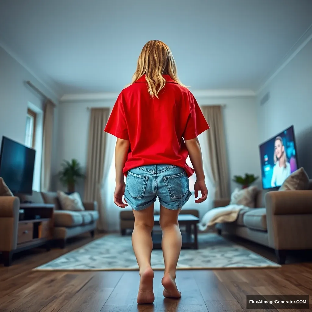 Back view of a young blonde skinny woman in her early twenties in a massive living room, wearing a massively oversized red polo t-shirt that is notably off balance on one shoulder. The bottom part of her t-shirt is tucked in. She is also wearing light blue denim shorts and has no shoes or socks. Facing her TV with a shocked expression, she dives into the magical TV head first. - Image