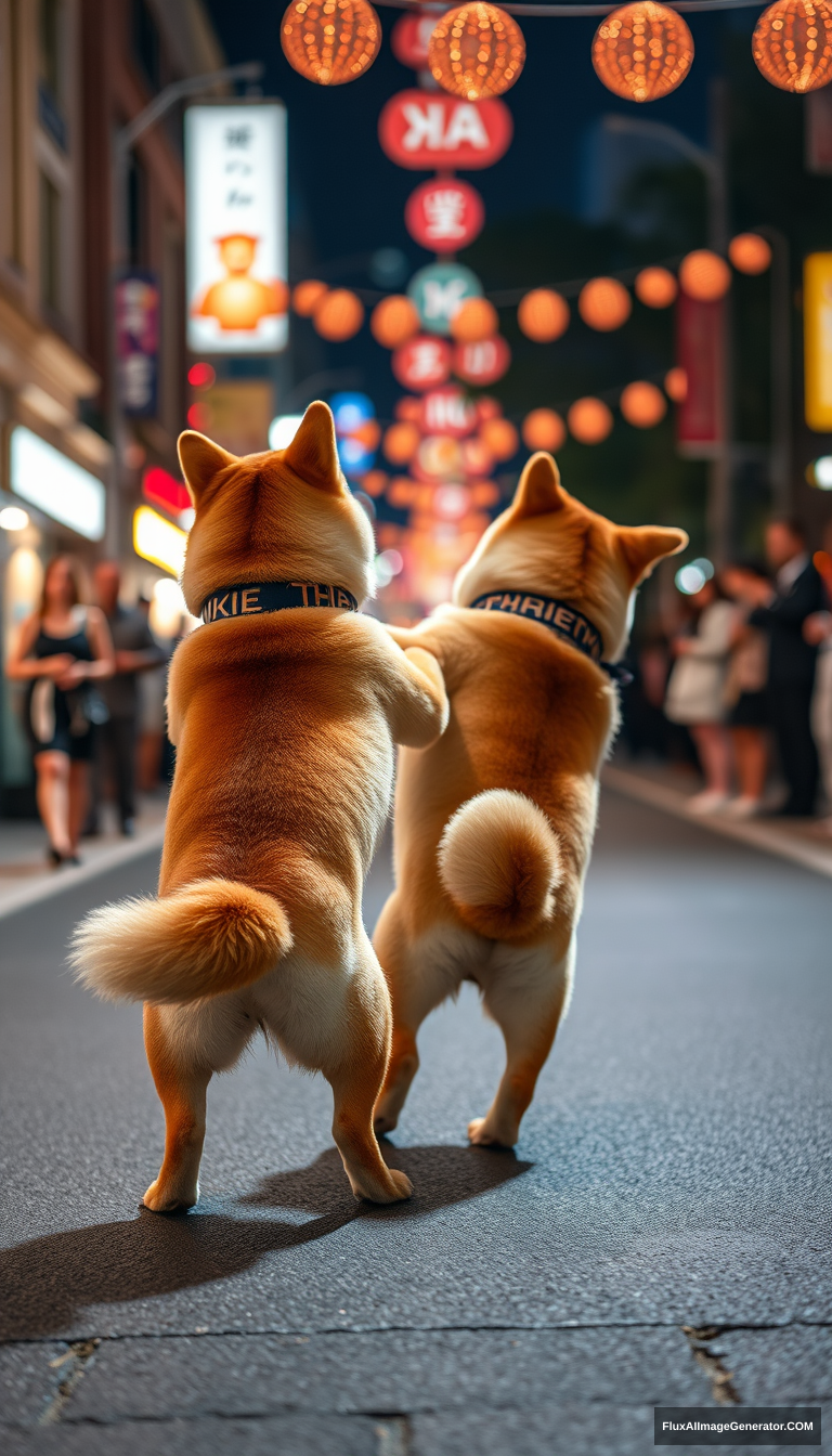 "Two Shiba Inu dogs are dancing disco, facing away from the audience, on a big street at night."