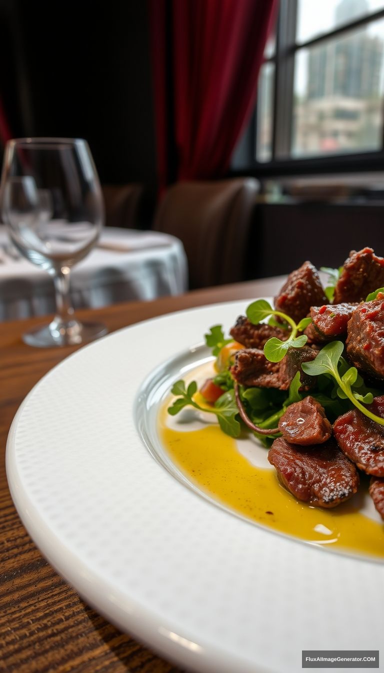 Highly detailed and sharp image of a beef salad with olive oil dressing, plated on a white textured plate. The plate is resting on a wooden table, with the scene zoomed out to reveal more of the surrounding space. The background includes dark areas with a hint of red drapes, providing a contrast that enhances the vibrant colors of the dish. The overall atmosphere is elegant and appetizing, capturing the intricate details of the salad and the dining setting. - Image