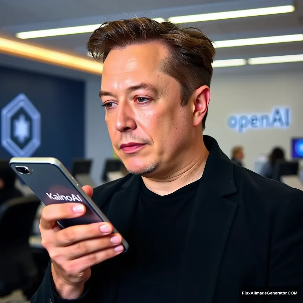 Elon Musk sostiene un teléfono y la pantalla del teléfono muestra la aplicación KainoAI, el fondo es la oficina de OpenAI. - Image