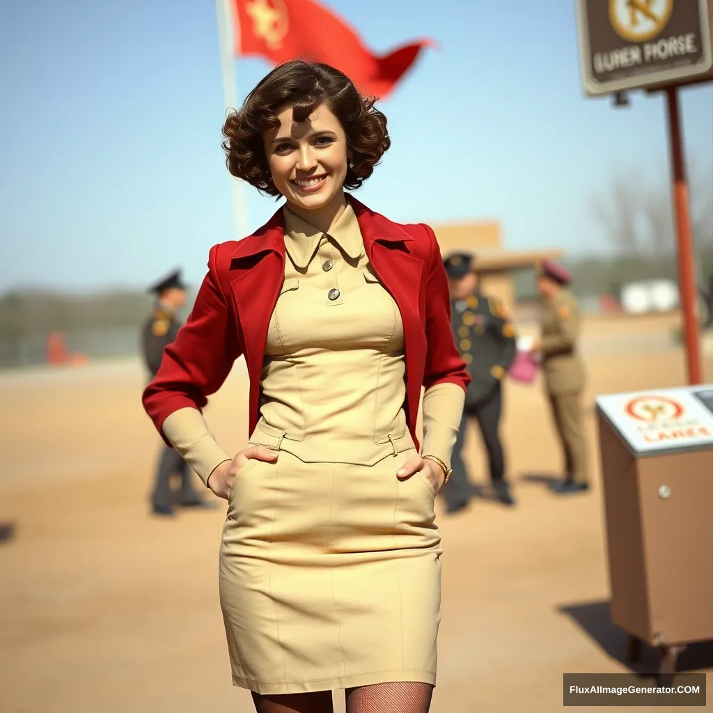 Ellen Page standing in a USSR outfit in a character environment, grinning lips, curly short hair, pantyhose, stiletto pumps.