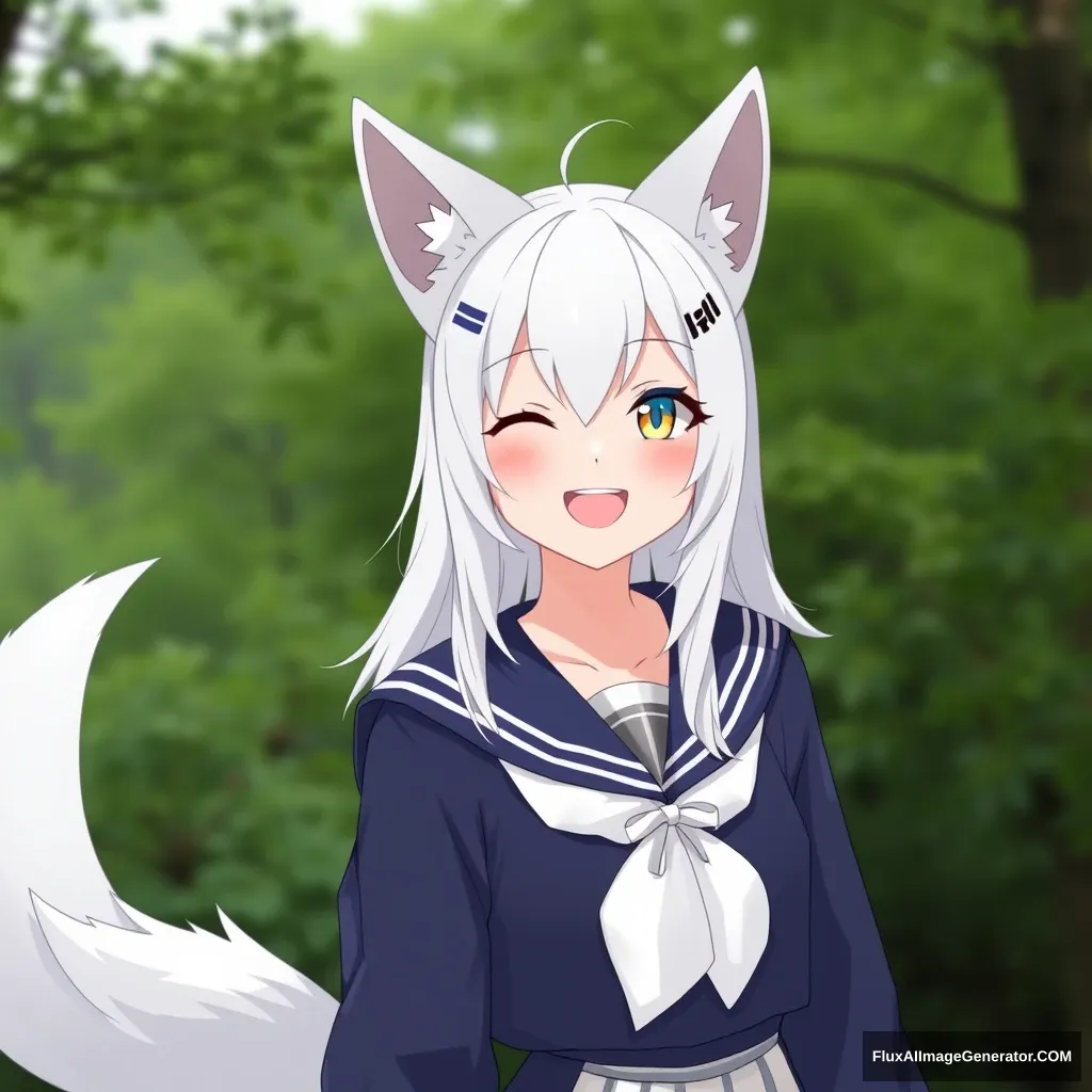 A picture of the vtuber Filian with wolf ears and a wolf tail, wearing a big smile and medium-length white hair in a sailor school outfit, with a green forest background.