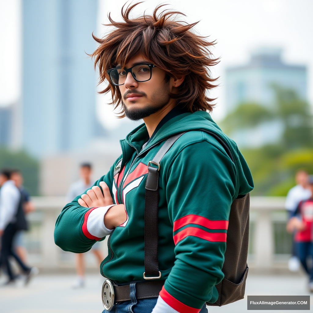 Full Body Picture of a Long Brown-Haired and Short-Bearded Guy cosplaying as Deku from My Hero Academia.