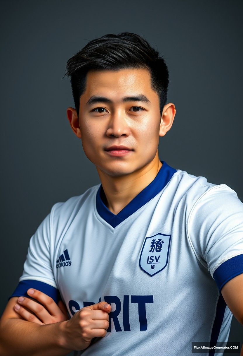 High-quality portrait photo of a Chinese man with fair and delicate skin, dressed in a white short-sleeved football jersey with blue cuffs and a blue collar, featuring the word "SPIRIT" on the chest. He poses confidently with a strong demeanor and determined gaze, showcasing a player image in a medium shot. The lighting is Rembrandt-style, taken in a studio with bright and soft light against a gray background.