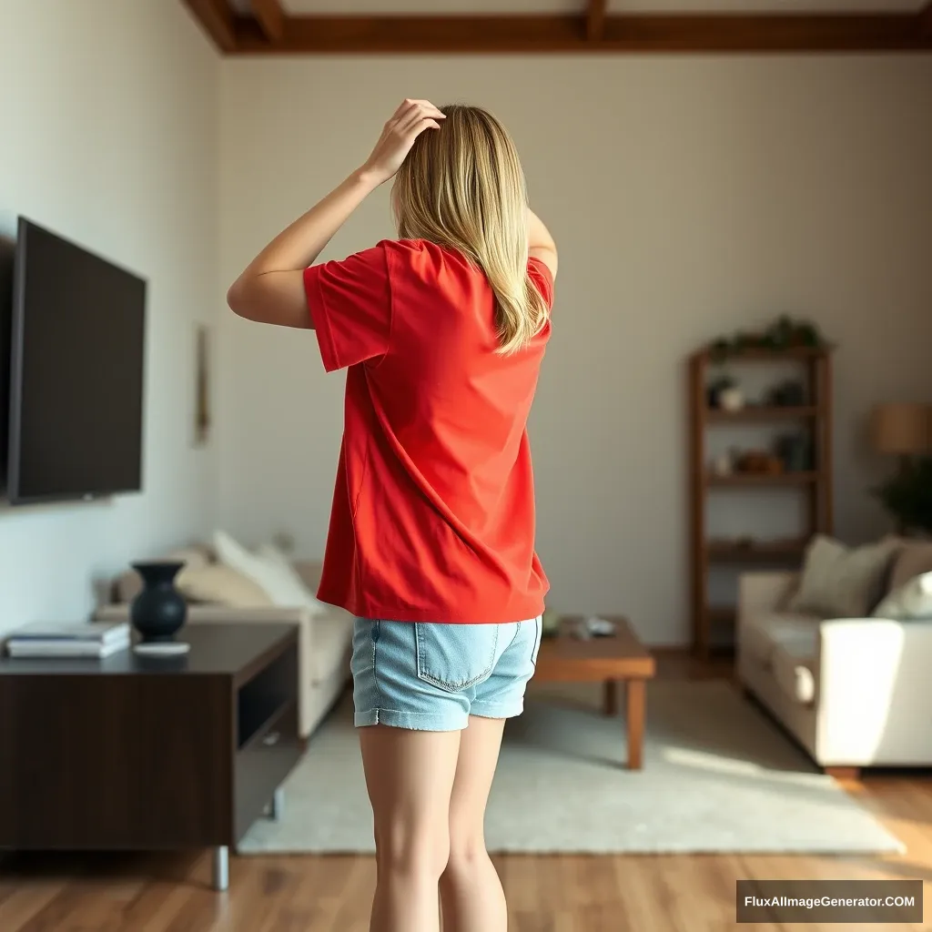 Side view of a slim blonde woman in her early twenties, standing in her large living room. She is wearing an oversized red polo t-shirt that is slightly askew on one shoulder, and the bottom part of the t-shirt is untucked. Additionally, she is wearing light blue denim shorts and is barefoot. Facing her TV, she begins to immerse herself in the magical experience, slowly raising her arms from below her chest and straightening them as she lifts them. - Image