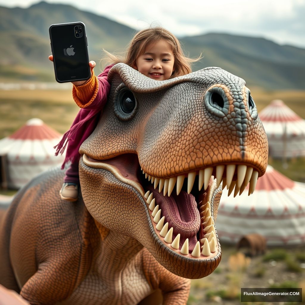 Close-up shot of a little Mongolian girl sitting on the head of a T-rex dinosaur who is taking a selfie, location Mongolian steppe, Mongolian yurts, realistic photo.