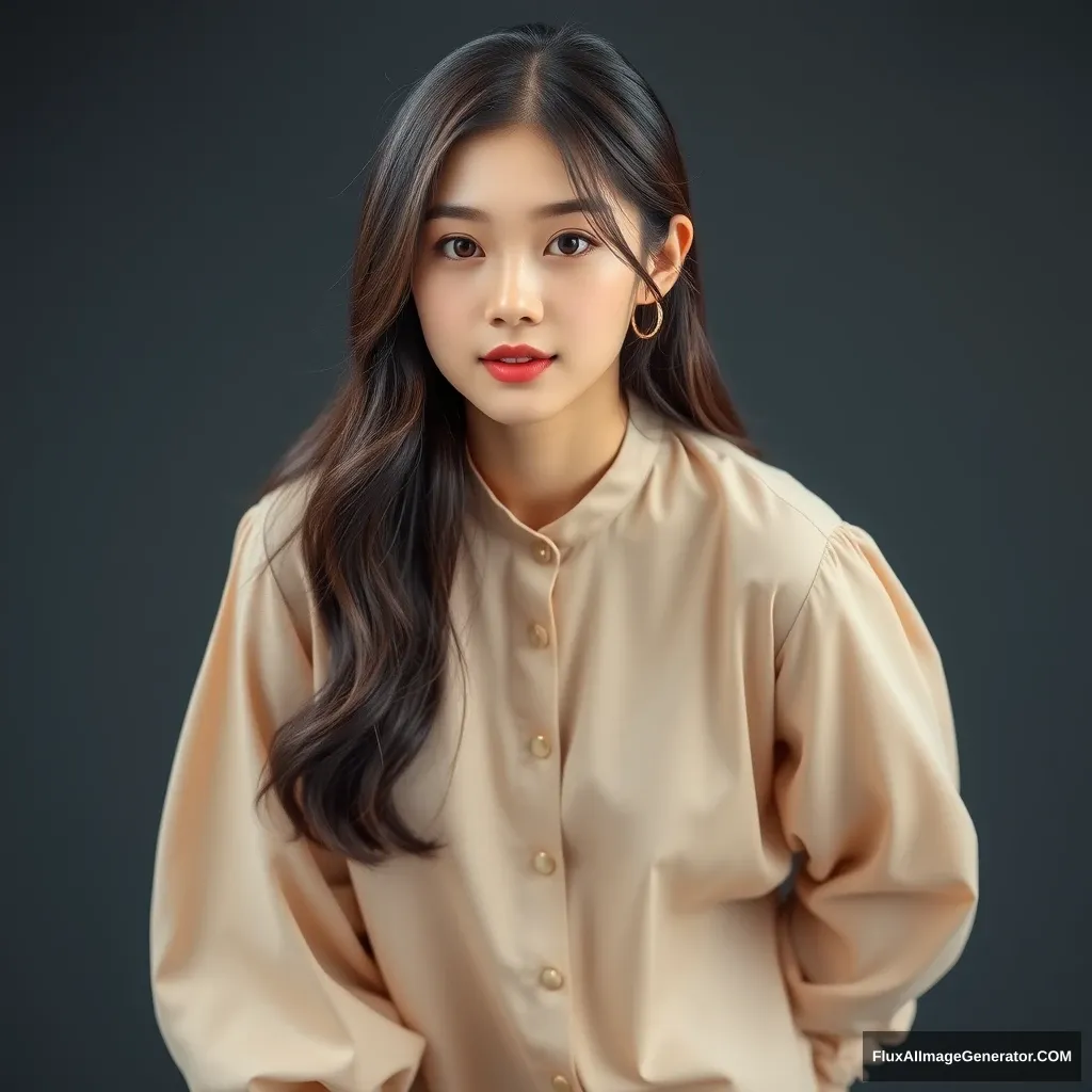 A photo of a pretty young Korean model, in a beige blouse, flowy, full body portrait, leaning forward.