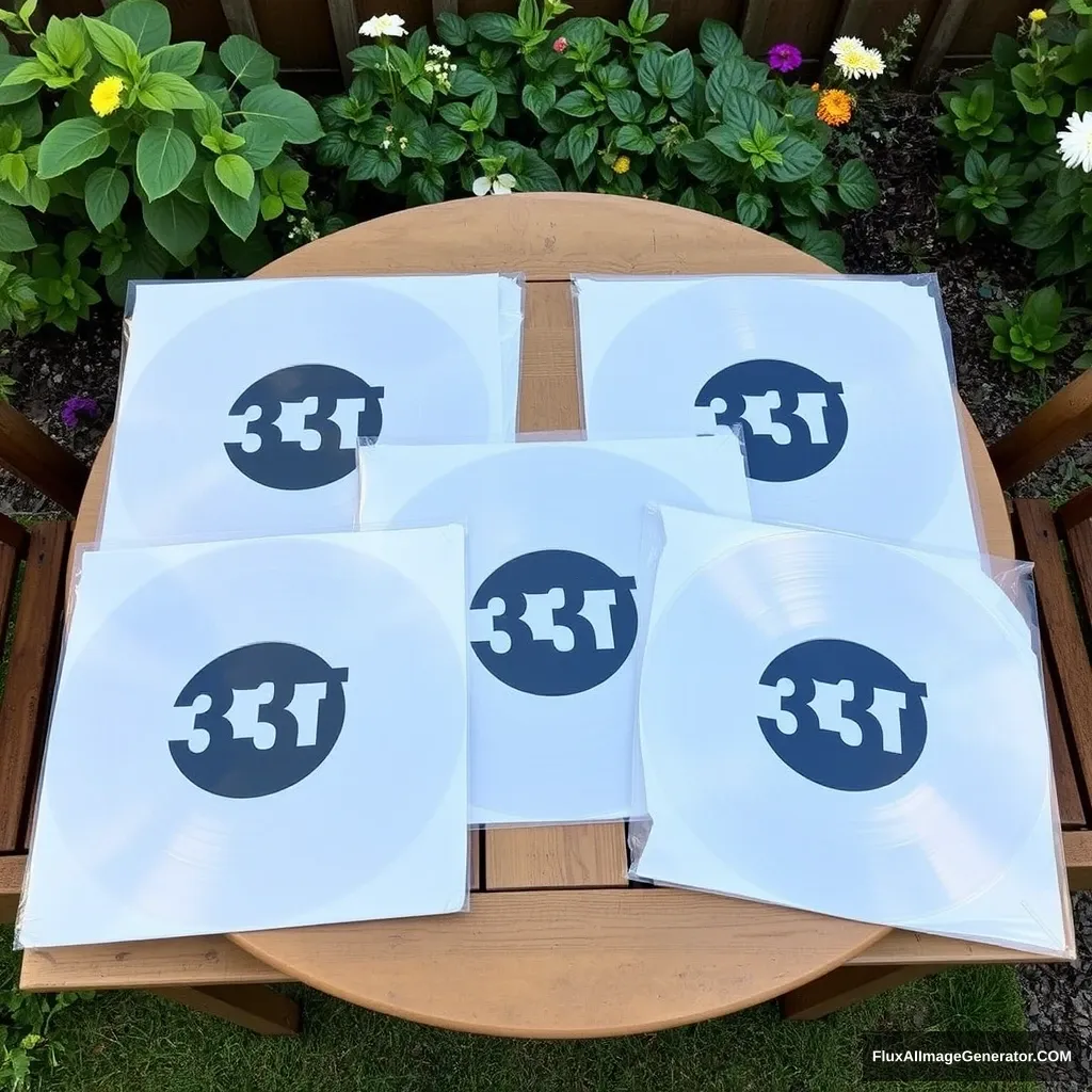 Five white 33T vinyl covers on a wooden garden table. - Image