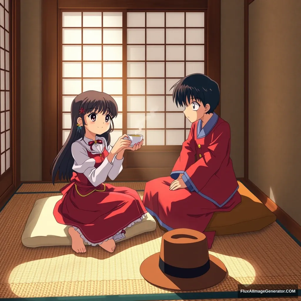 A cozy Japanese tatami room bathed in warm sunlight. The scene is a still life, capturing a moment of peaceful respite for two iconic anime characters: Sakura Kinomoto, the magical girl with a mischievous smile, and Conan Edogawa, the young detective with his trademark sharp gaze.

Sakura, dressed in her signature red dress and white blouse, sits gracefully on a cushion, her long black hair cascading around her shoulders. She holds a delicate teacup in her hands, her pink-tipped fingers delicately wrapped around the handle. Her eyes sparkle with the joy of a moment of peaceful relaxation.

Across from her sits Conan, his iconic red-and-blue attire contrasting subtly with the traditional Japanese setting. He is perched on a slightly larger cushion, his hands clasped together as he contemplates the steaming cup of tea before him. His trademark fedora rests on the floor beside him, a reminder of his sharp intellect and detective instincts.

The tatami flooring is made of traditional woven straw, its warm texture contrasting with the smooth, polished surface of the low wooden table in the center of the room. On the table sits a beautifully crafted tea set, complete with a teapot, cups, and a small plate of traditional Japanese sweets. A traditional sliding door, known as a shoji, frames the scene, its paper panels revealing a glimpse of a tranquil Japanese garden beyond. The light filtering through the shoji creates a soft, diffused glow, illuminating the room with a warm, inviting radiance.

The overall atmosphere is one of tranquility and gentle charm, capturing the essence of Japanese culture and the endearing personalities of two beloved anime characters.