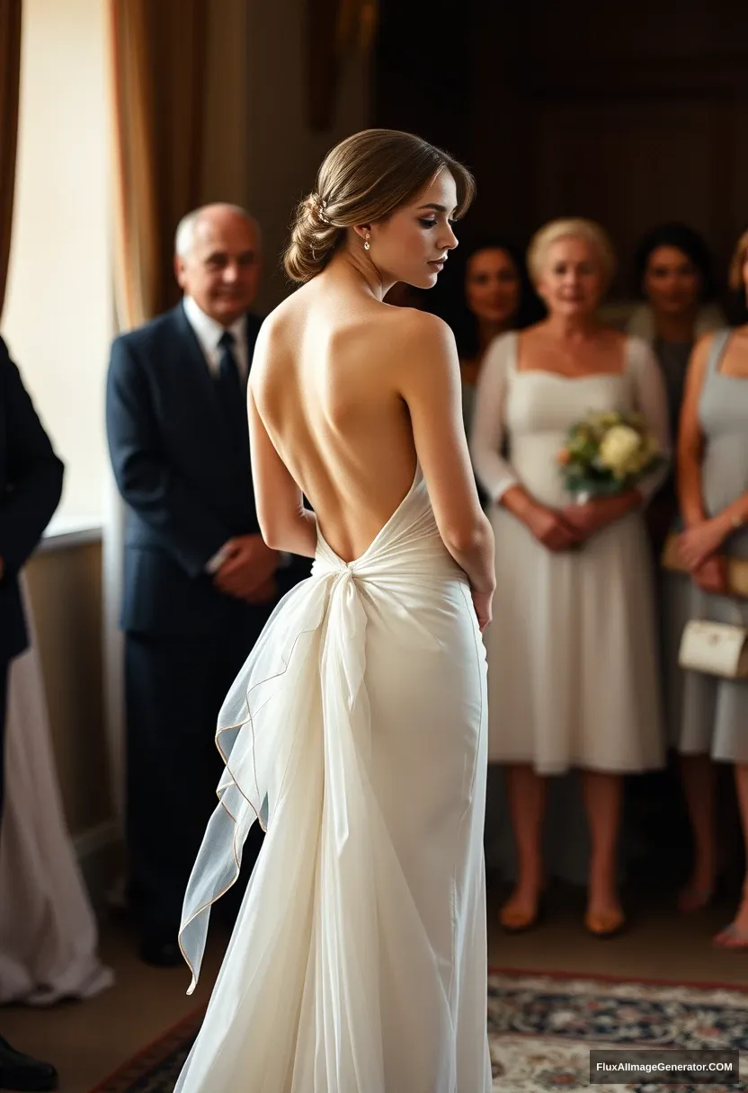 A short young woman, sensitive, delicate, backless strapless side-less low-waisted contouring wedding dress with a breezy loose open back spilling open to the sides, that seems like it was intentionally left undone. Before the council of fathers. Expectations. Perfect posture. Pale skin. - Image