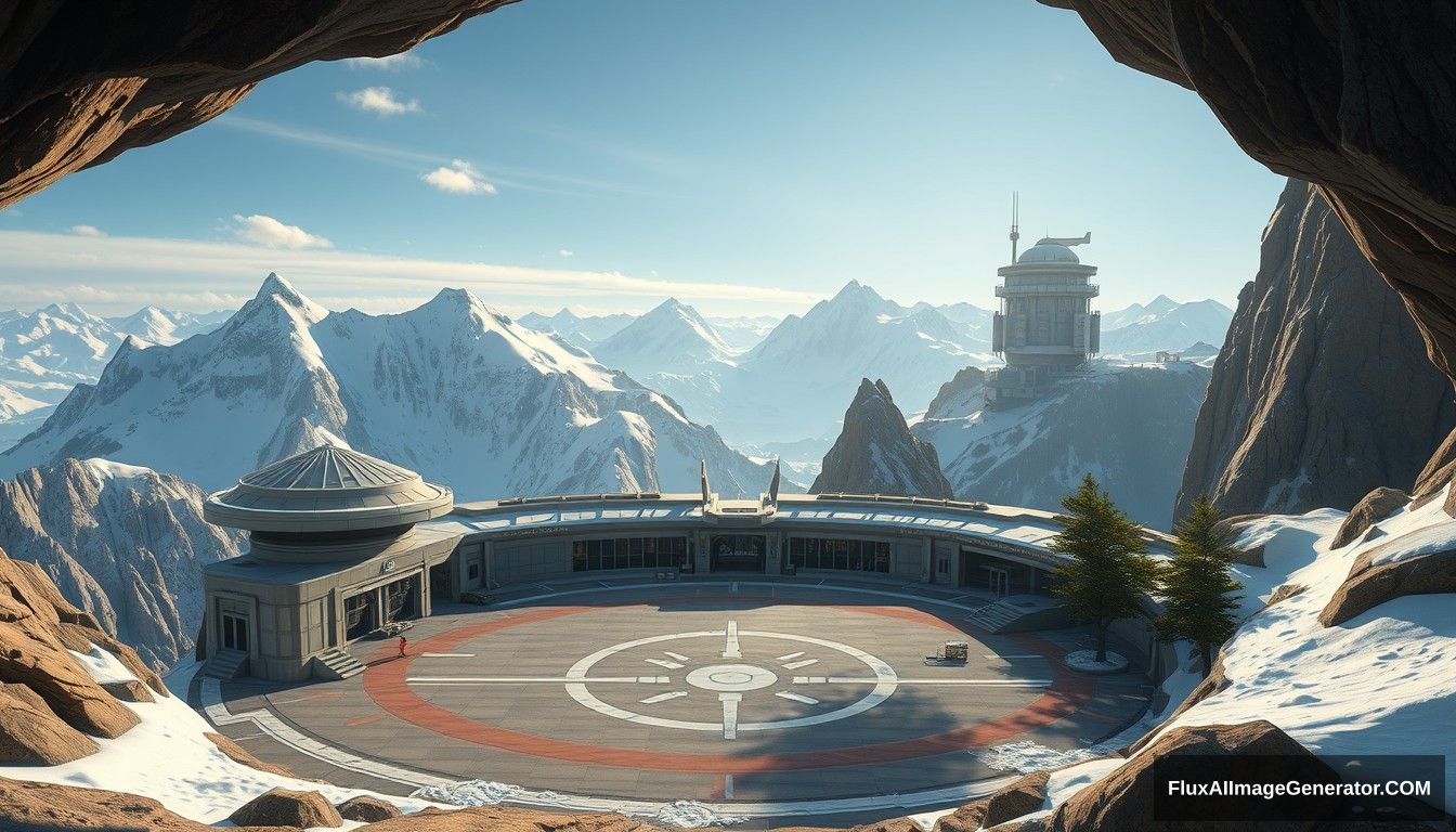 Cel shaded art, wide shot, a sci-fi center on the top of a snow mountain, open air, close look, cyberpunk, military base, Star Wars style, indoor, patio, morning, sunlight, fortress, mountain, rock, snow, tarmac, parking apron, cave, tree, landing field, cliff, round shape, tower.